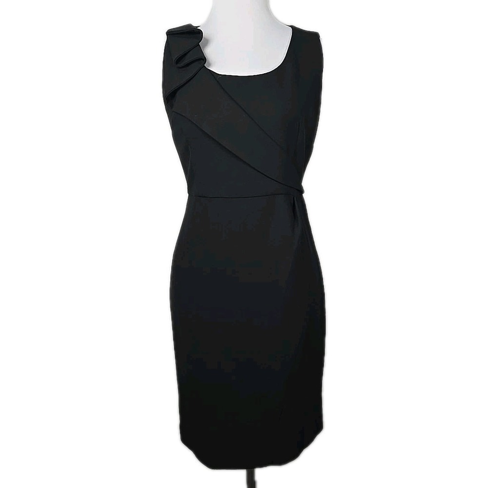 Ann Taylor Loft‎ Size 6 Black Sleeveless Ruffle Shoulder Faux-Wrap Sheath Dress